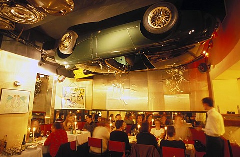 Interior shot of the Pop restaurant, historical monument, Austin Healey car on the ceiling, guests, Heidelberg, Baden-Wuerttemberg, Germany, Europe