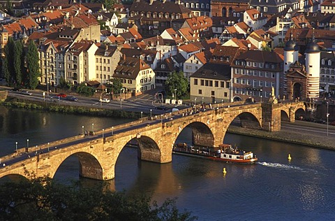 View from the Philosophenweg trail on Heidelberg, Alte Bruecke bridge, cargo shop on the Neckar river, Heidelberg, Baden-Wuerttemberg, Germany, Europe