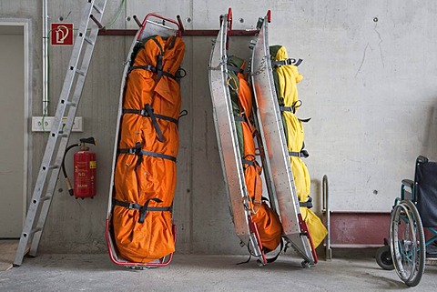 Rescue sledges and wheelchair at the mountain rescue service, on Mt Fellhorn, Oberstdorf, Allgaeu Alps, Allgaeu, Bavaria, Germany, Europe