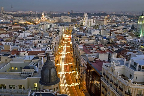 Gran Via at dusk with Christmas lights, Madrid, Spain, Europe