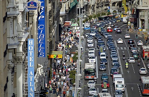 Traffic on the Gran Via street, Madrid, Spain, Europe