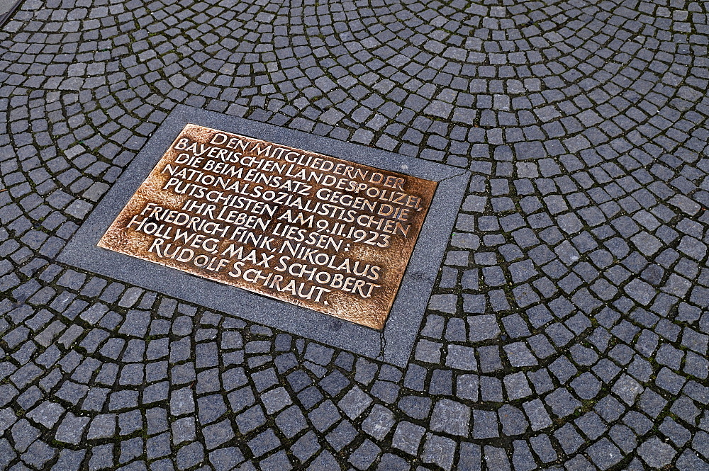 Memorial plaque for police officers who died during the Nazi putsch in 1923, Odeonsplatz square, Munich, Bavaria, Germany, Europe