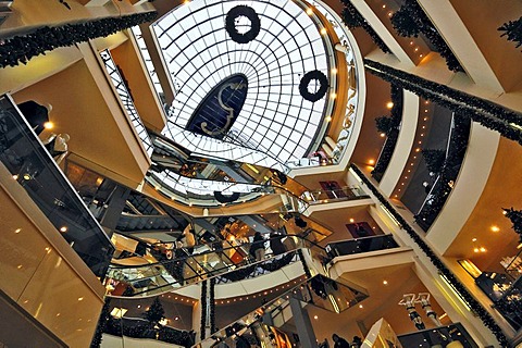 Escalators and light dome, Karstadt am Hauptbahnhof department store, Munich, Bavaria, Germany, Europe