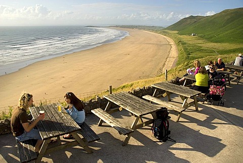 People in a panoramic garden restaurant, long sandy beach, Rhossili Beach, Gower Peninsula, Wales, United Kingdom, Europe