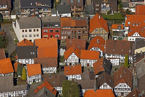 Aerial view, half-timbered houses, old town, village Westerholt, Herten, Ruhrgebiet region, North Rhine-Westphalia, Germany, Europe