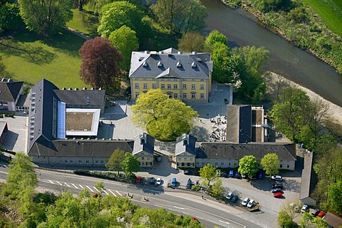 Aerial view, Ruhr river, Ruhr river valley, Ruhr meadows, Evangelische Akademie Protestant academy, Villigst, Schwerte, Ruhrgebiet region, North Rhine-Westphalia, Germany, Europe