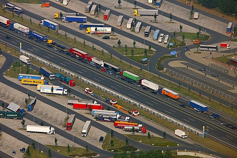 Aerial view, traffic jam on the A2 highway, truck parking lot, Hamm, Ruhrgebiet region, North Rhine-Westphalia, Germany, Europe