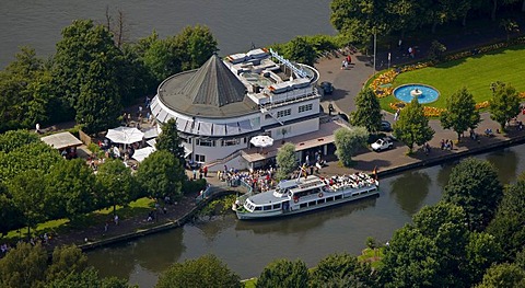 Aerial view, Ruhr river and water station, passenger ships, excursion boat, Speldorf, Muelheim an der Ruhr, Ruhrgebiet region, North Rhine-Westphalia, Germany, Europe