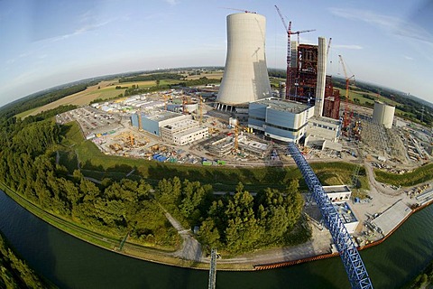 Aerial view, fisheye, EON Datteln 4 coal-fired power plant, power station construction site, building freeze, Emscher-Lippe, Datteln, Ruhrgebiet region, North Rhine-Westphalia, Germany, Europe