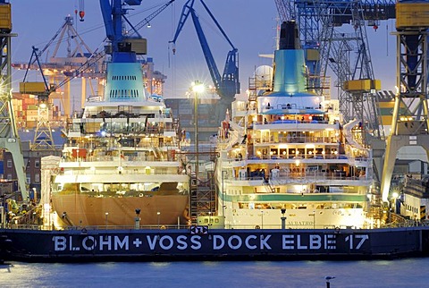 The cruise ships MS Amadea and MS Albatros in the Elbe 17 dry dock of Blohm and Voss in the port of Hamburg, Germany, Europe