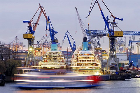 The cruise ships MS Amadea and MS Albatros in the Elbe 17 dry dock of Blohm and Voss in the port of Hamburg, Germany, Europe