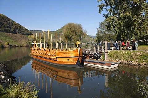 The Stella Noviomagi, replica of a Roman wine ship with tourists on the Moselle river, Neumagen-Dhron, Rhineland-Palatinate, Germany, Europe