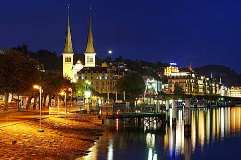 Hofkirche church and hotels on the Haldenstrasse street, Lucerne, Canton of Lucerne, Switzerland, Europe