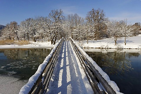 Wooden bridge across the Mangfall river near Gmund at the Tegernsee lake, Upper Bavaria, Germany, Europe