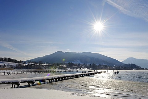 Jetties in front of the Mt. Neureut, Tegernsee lake, Upper Bavaria, Germany, Europe