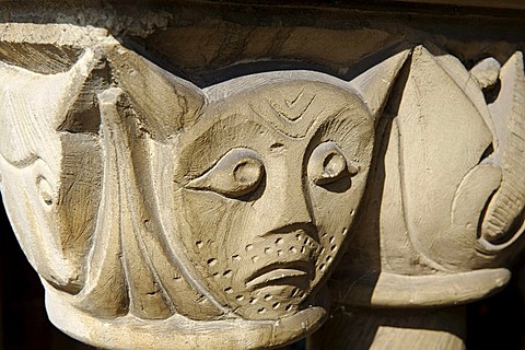 Capital with head of a cat, cloister, Stiftskirche Freckenhorst collegiate church, Warendorf, North Rhine-Westphalia, Germany, Europe