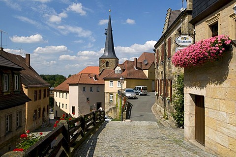 Slate-tiled sandstone buildings along the Oberen Markt in Thurnau, Franconian Switzerland, Franconia, Bavaria, Germany, Europe