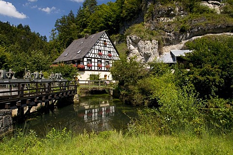 Idyllic water mill at Pottenstein, Naturpark Fraenkische Schweiz nature preserve, Franconia, Bavaria, Germany, Europe