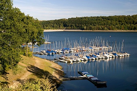 Marina of the Sorpestausees reservoir, Naturpark Homert nature preserve, Sauerland region, North Rhine-Westphalia, Germany, Europe