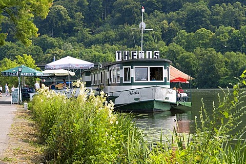 Cafe and restaurant on the ship Thetis on the Ruhr river, Essen, Ruhrgebiet area, North Rhine-Westphalia, Germany, Europe