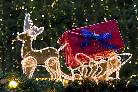 Illuminated reindeer sleigh on a Christmas market stall