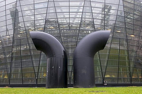 Ventilation pipes in front of the glass facade of the Municipal and Federal Library, Dortmund, North Rhine-Westphalia, Germany, Europe