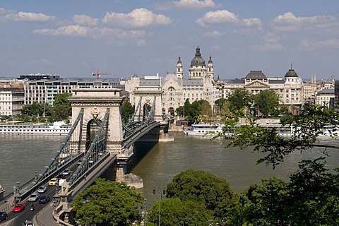 View from the Castle Hill on the banks of the Danube river with the Chain Bridge, Gresham Palace and St. Stephen's Basilica, Budapest, Hungary, Europe