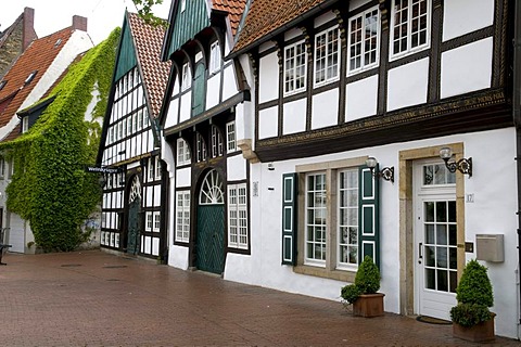 Half-timbered house with wine tavern in the historic town of Osnabrueck, Lower Saxony, Germany, Europe