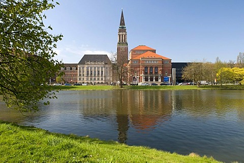 Kleiner Kiel lake with town hall and opera house, state capital of Kiel, Schleswig-Holstein, Germany, Europe