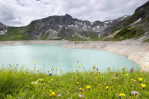 Luener Lake, mountain lake and reservoir at 1979m altitude, Brandnertal Valley, Vorarlberg, Austria, Europe