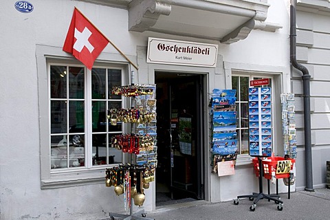 Swiss flag on Geschenklaedeli, souvenir shop, St. Gallen, Switzerland, Europe