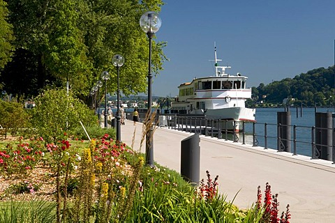 Promenade and passenger ship at the port, Bregenz, Lake Constance, Vorarlberg, Austria, Europe