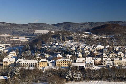 View from the Schlossberg castle hill of Arnsberg, Sauerland region, North Rhine-Westphalia, Germany, Europe