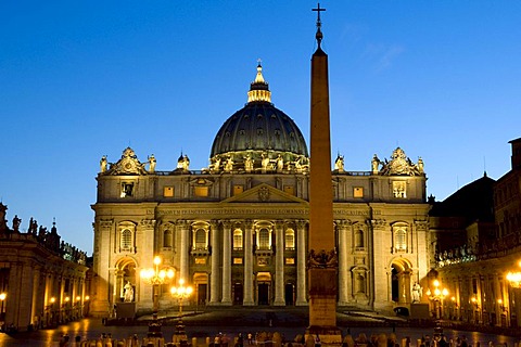 St. Peter's Basilica and St. Peter's Square at night, Rome, Italy, Europe