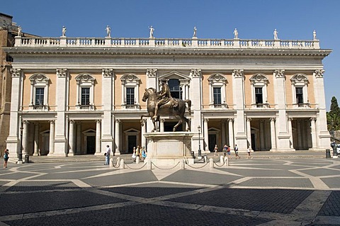 Equestrian statue of Marcus Aurelius on the Capitoline Hill, the Palazzo Nuovo, Capitoline Museums, Rome, Italy, Europe