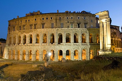 Temple of Apollo Sosianus and Marcellus theatre at night, Rome, Italy, Europe