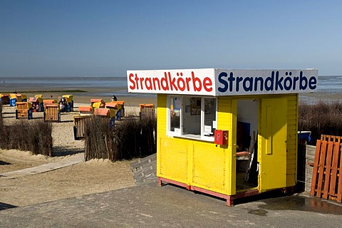 Wicker beach chair rental on the beach promenade, Doese district, North Sea resort Cuxhaven, Lower Saxony, Germany, Europe