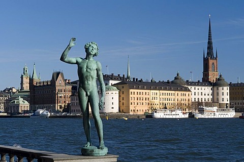 Statue and historic town Riddarholmen, Stockholm, Sweden, Scandinavia, Europe