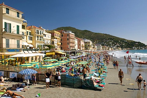 Cityscape with beach, Alassio, Italian Riviera, Liguria, Italy, Europe