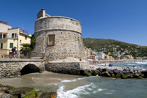 Stone tower on the coast, Alassio, Italian Riviera, Liguria, Italy, Europe