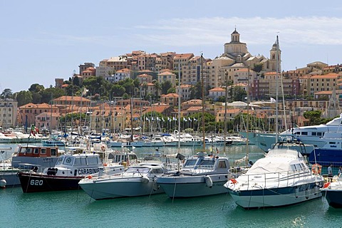 Port in front of historic town, Porto Maurizio, Imperia, Riviera, Liguria, Italy, Europe