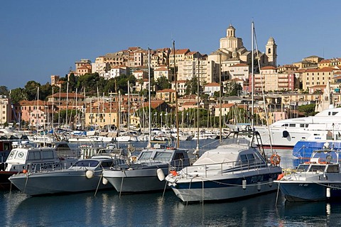 Port in front of historic town, Porto Maurizio, Imperia, Riviera, Liguria, Italy, Europe