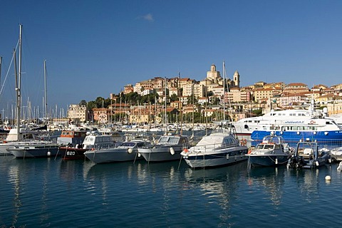 Port in front of historic town, Porto Maurizio, Imperia, Riviera, Liguria, Italy, Europe