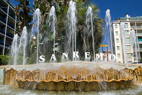 Fountain, San Remo in lettering, Riviera, Liguria, Italy, Europe