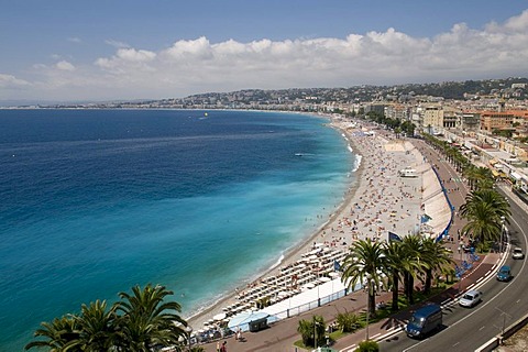 View of Nice and the beach, from the castle mountain Colline du Chateau, Nice, Cote d'Azur, Provence, France, Europe