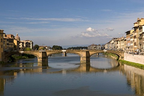 Urban landscape on the Arno river with Ponte Santa Trinita bridge, Florence, Tuscany, Italy, Europe