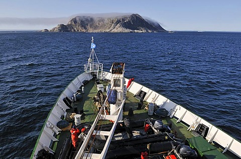 Cruise North Cruiseship Lyubov Orlova heading towards Monumental Island near Baffin Island, Davis Strait, Nunavut, Canada, Arctic