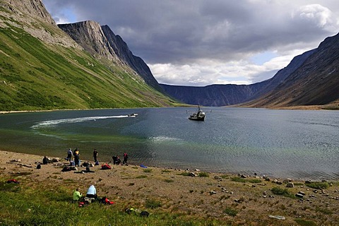 Group of tourists on a beach at North Arm of Saglek Fjord, Torngat Mountains National Park, Newfoundland and Labrador, Canada