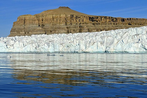 Sedimentary rocks and glacier at Crocker Bay, Devon Island, Northwest Passage, Nunavut, Canada, Arctic