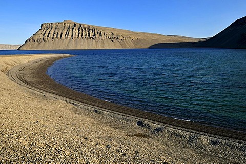 Arctic tundra and rocky beach at Maxwell Bay, Devon Island, Northwest Passage, Nunavut, Canada, Arctic